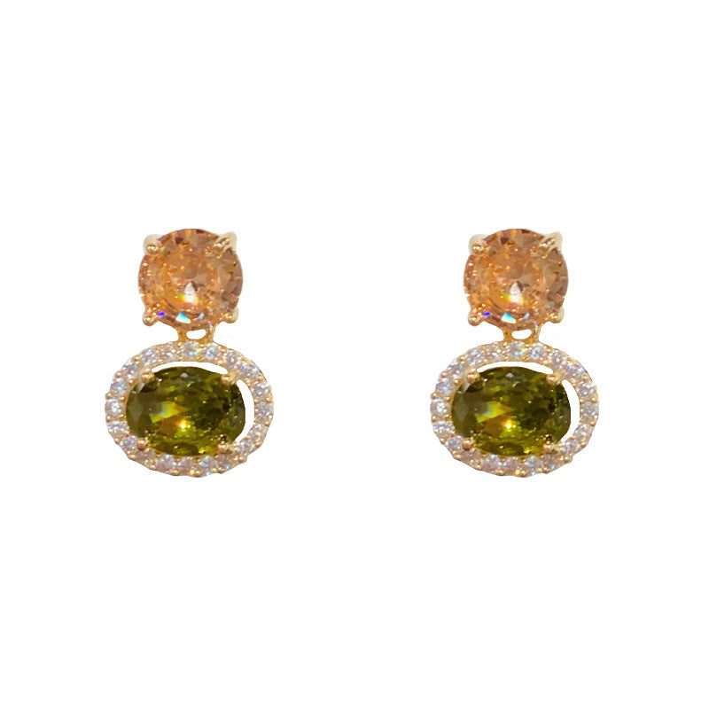 14K Gold-Plated Zircon Olive Green Round Earrings - Elegant Design