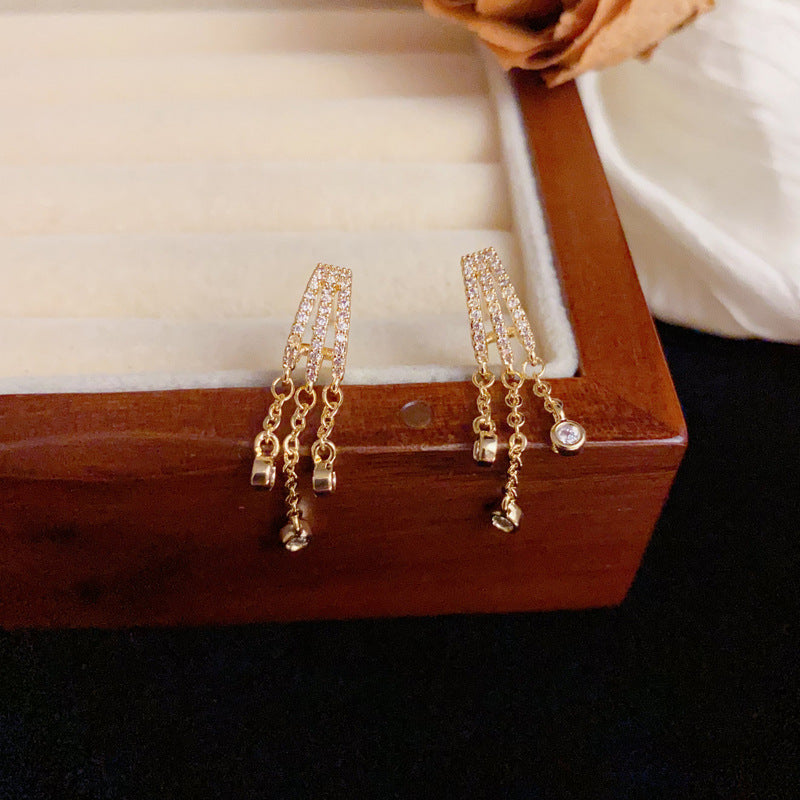 Luxury Zircon Triple Tassel Drop Earrings – Elegant Design
