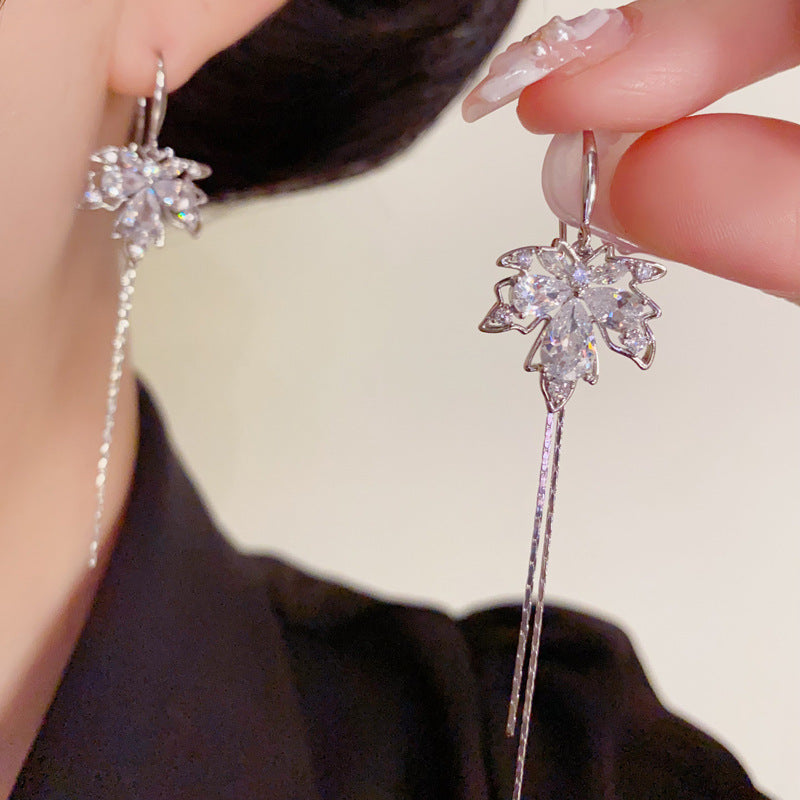 Luxury Zircon Maple Leaf Tassel Ear Hook Earrings – Elegant Design