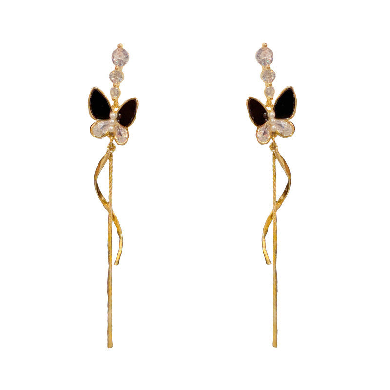 14K Gold-Plated Black Butterfly Long Tassel Earrings - Chic & Elegant