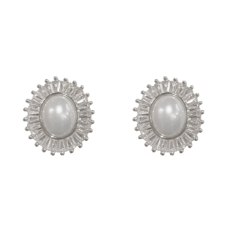 14K Gold Zircon Pearl Sunflower Stud Earrings- Chic Elegance Design