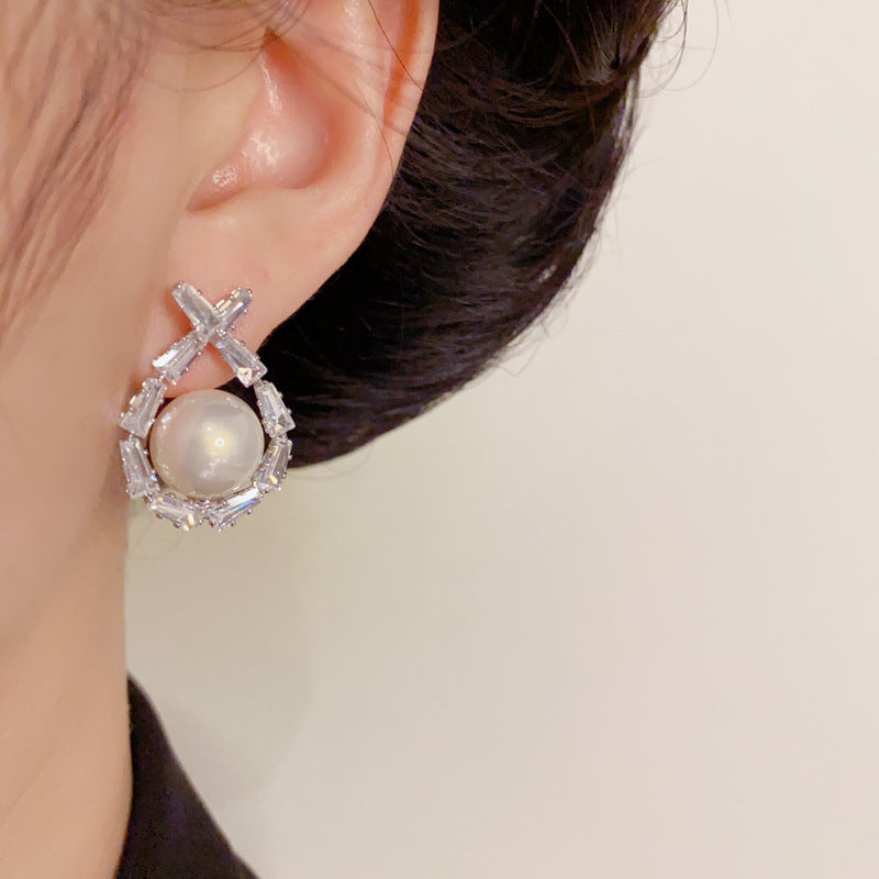 Luxury Zircon Crossed Pearl Droplet Earrings – Elegant Design