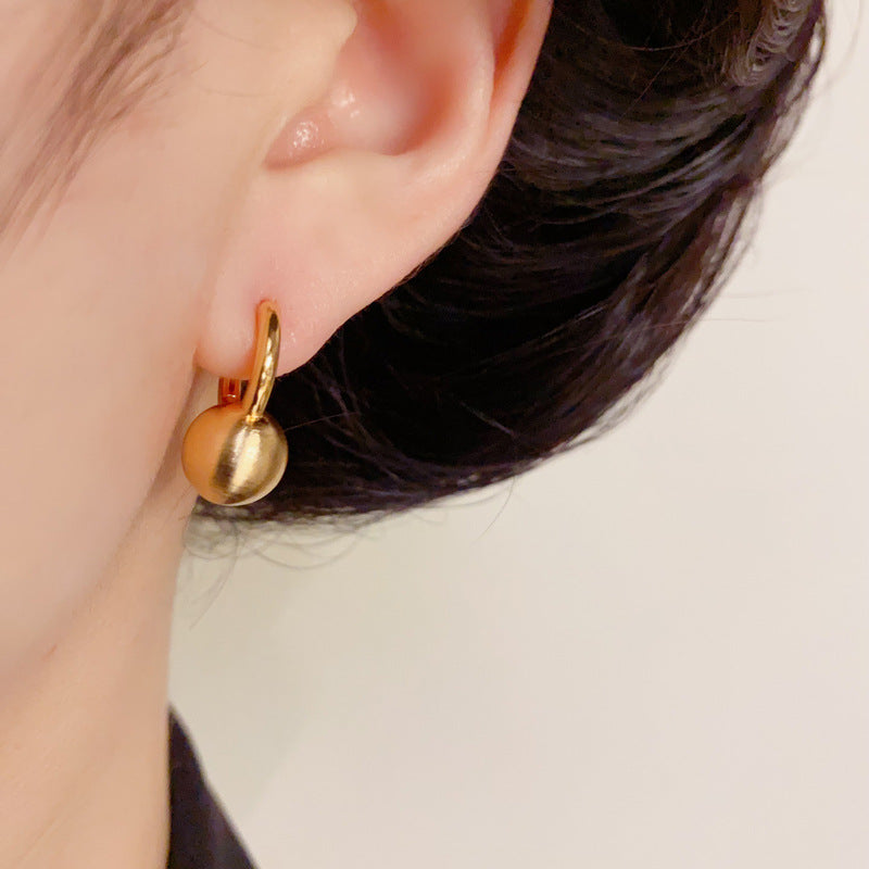 18K Gold Brushed Metal Ball Earrings – Minimalist Cold-Tone Style