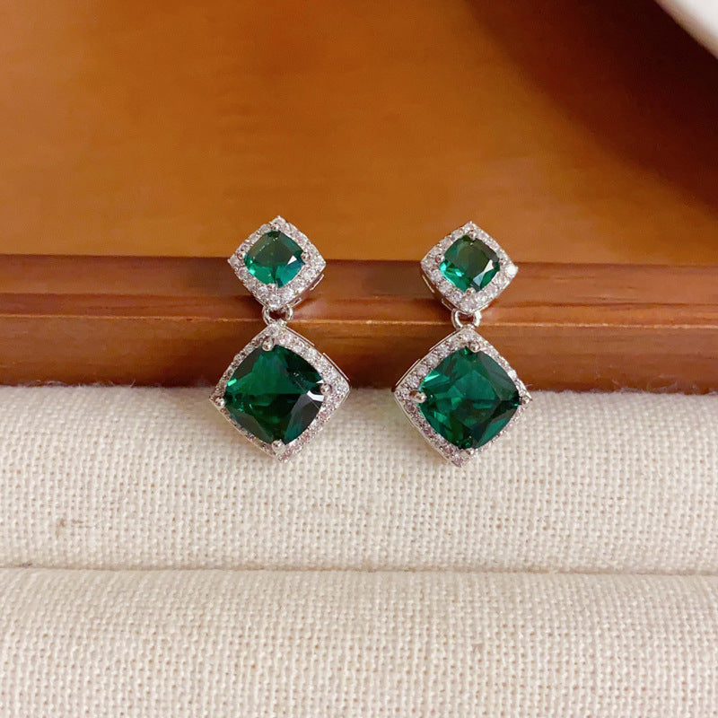 Elegant Square Emerald Zircon Drop Earrings – Geometric Design