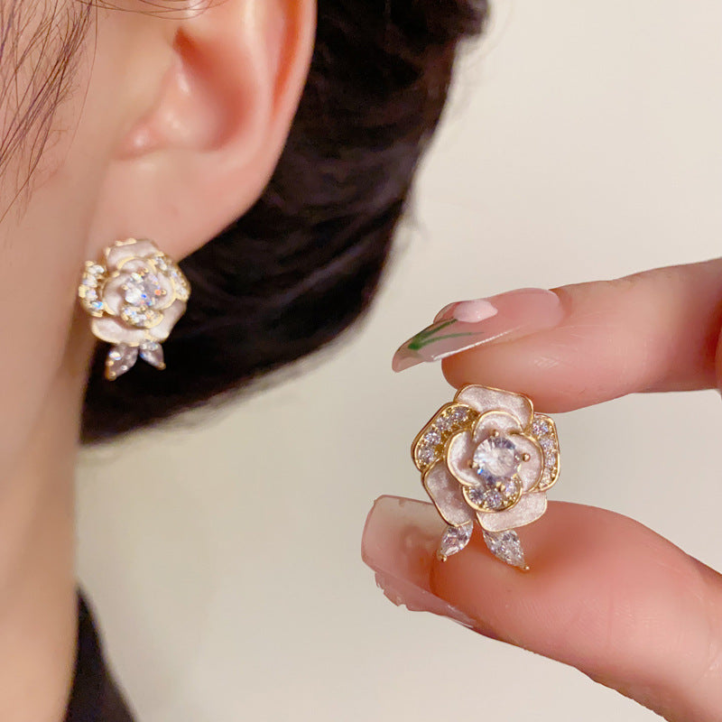 14K Gold-Plated Zircon Camellia Ear Cuffs – Elegant Floral Design