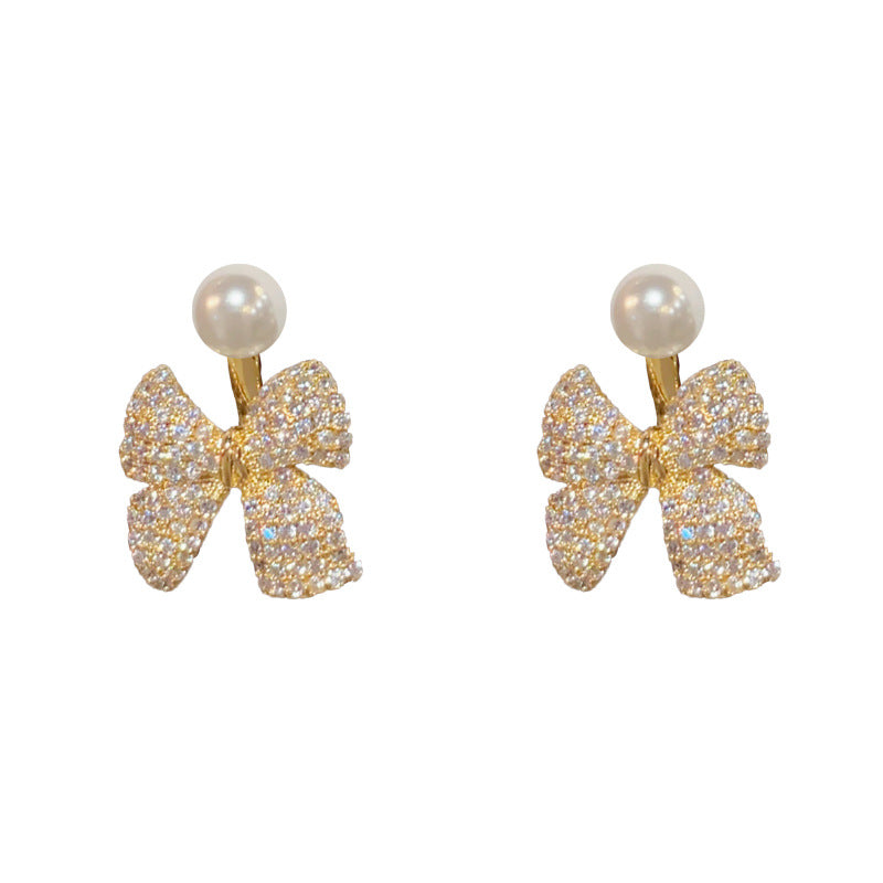 14K Gold-Plated Zircon Bow Pearl Dual Stud Earrings - Elegance Design