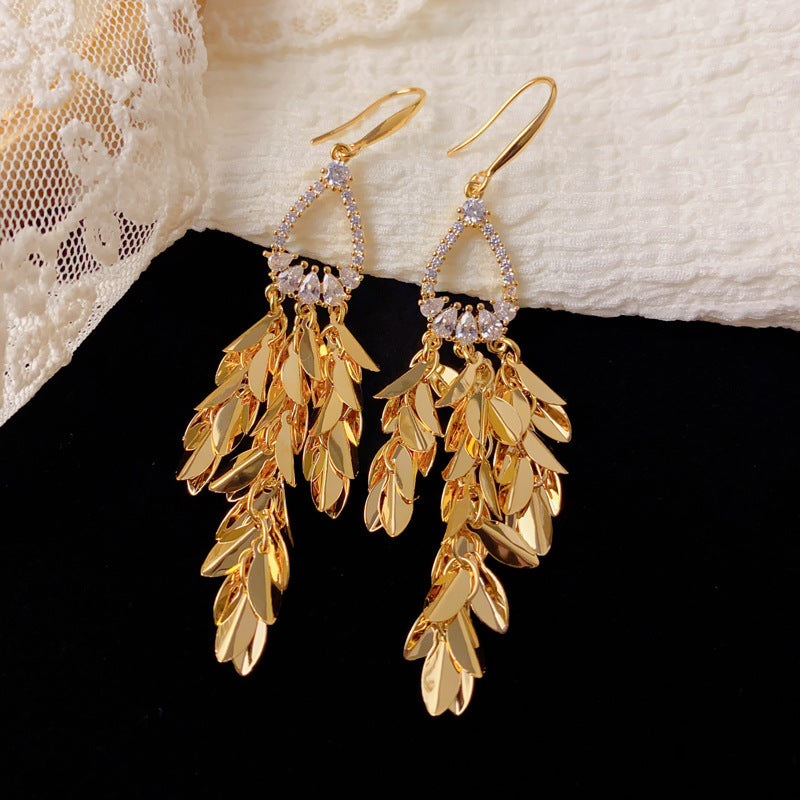 Luxury Zircon Wheat Teardrop Tassel Drop Earrings – Elegant Design