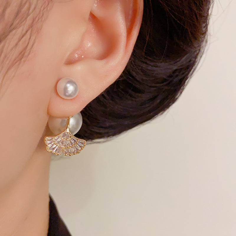 Luxury Pearl & Full-Zircon Leaf Two-Way Drop Earrings – Floral Design