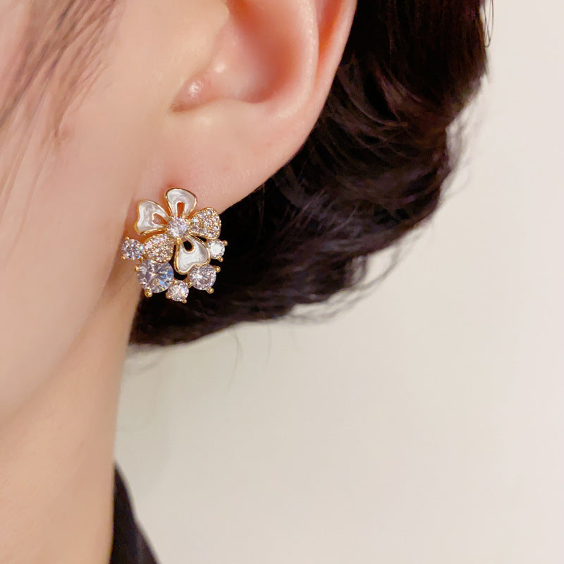14K Gold-Plated Full Zircon Floral Stud Earrings – Elegant Design
