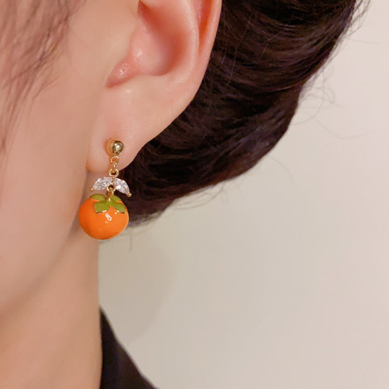 Elegant Enamel Persimmon Drop Gold Earrings – Fruit Design