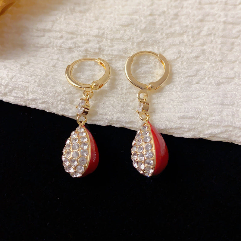 Luxury Full-Zircon Double-Sided Red Teardrop Earrings – Elegant Design