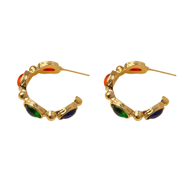 Elegant Colorful Metal C-Hoop Earrings – French Retro Design