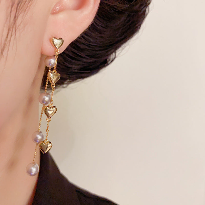 Luxury Metal Heart & Pearl Two-Way Drop Earrings – Elegant Design