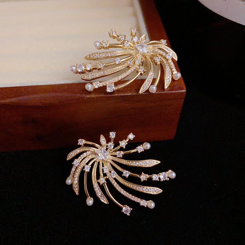 Minimalist Zircon Firework & Pearl Gold Earrings – Geometric Design