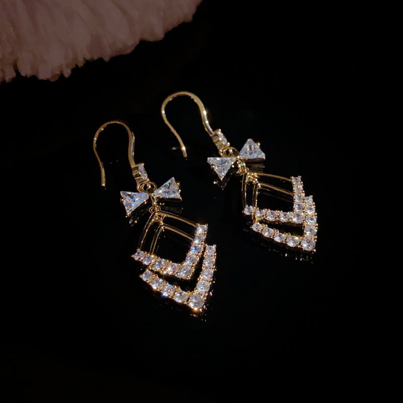 14K Gold-Plated Bow Geometric Diamond Shape Ear Hooks - Elegant & Chic