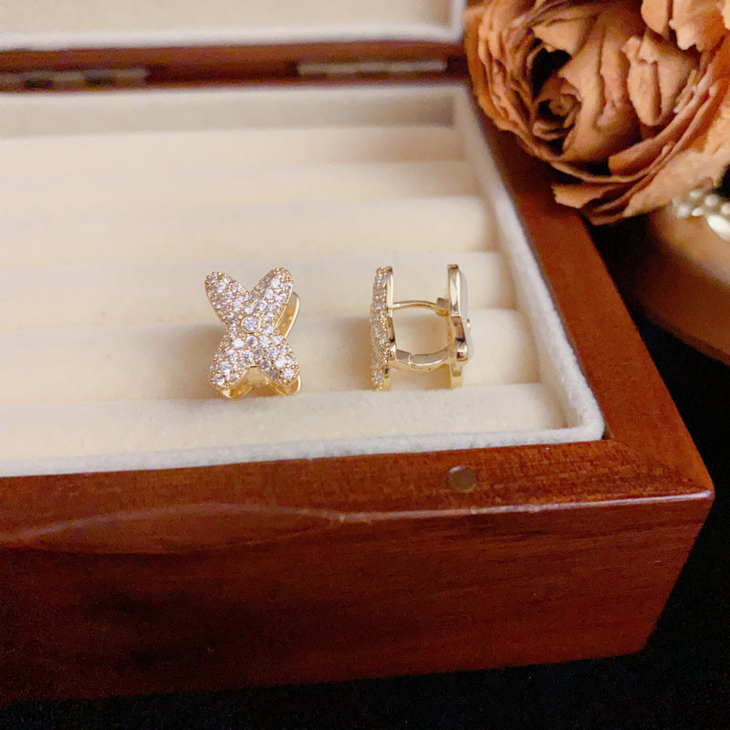 14K Gold Zircon & Mother-of-Pearl Cross Earrings – Elegant Design