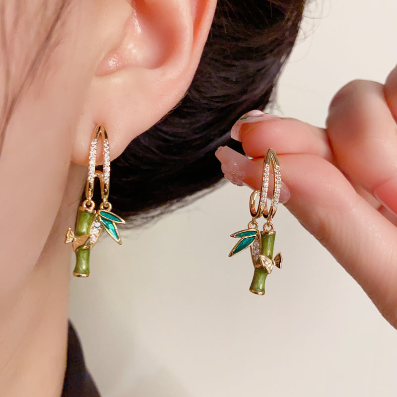 14K Gold-Plated Zircon Bamboo Drop Earrings – Elegant Oriental Design