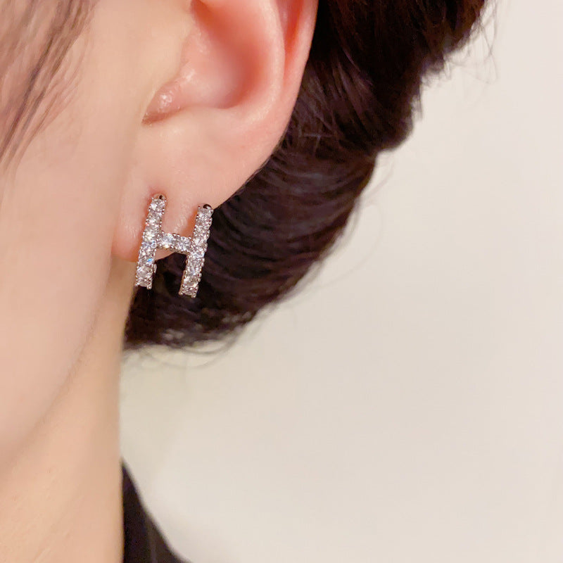 14K Gold-Plated H Letter Full Diamond Stud Earrings - Elegant & Chic