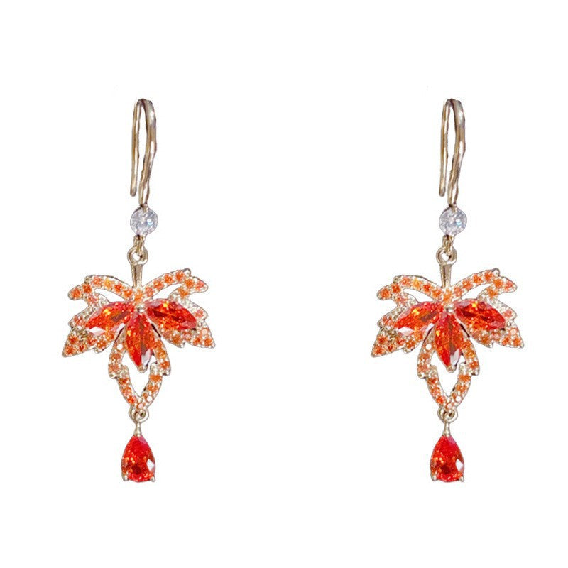 Eaioncol Maple Leaf CZ Tassel Ear Hooks Red Gold