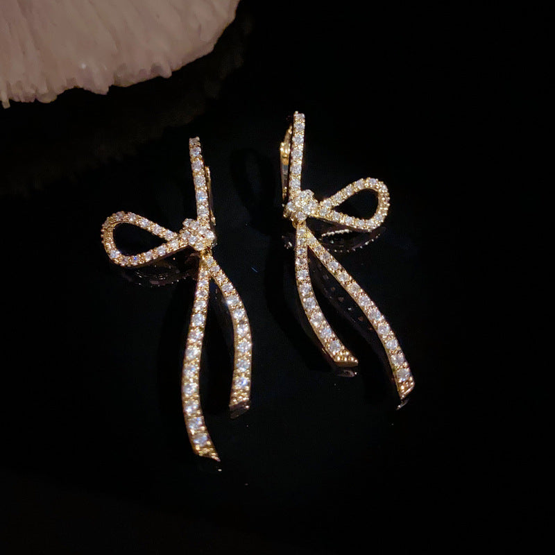 14K Gold-Plated Full-Diamond Bow Long Drop Earrings - Elegant Design