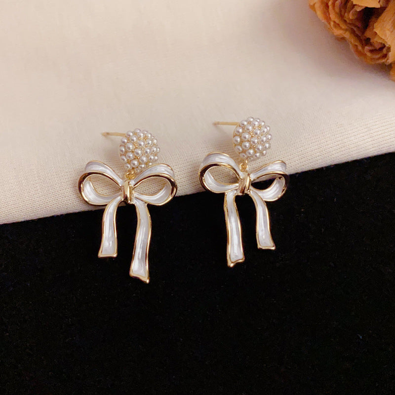 Luxury Pearl Sphere & Bow Ribbon Drop Gold Earrings – Elegant Design