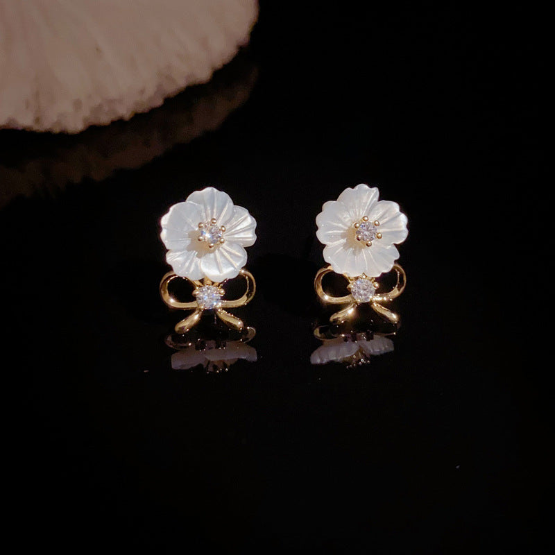 14K Gold-Plated Mother-of-Pearl Flower Bow Stud Earrings – Chic Style