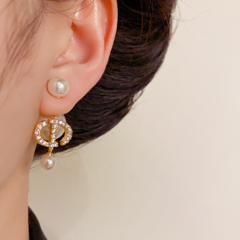 14K Gold CD Letter Front-Back Pearl Earrings – Modern Chic Design