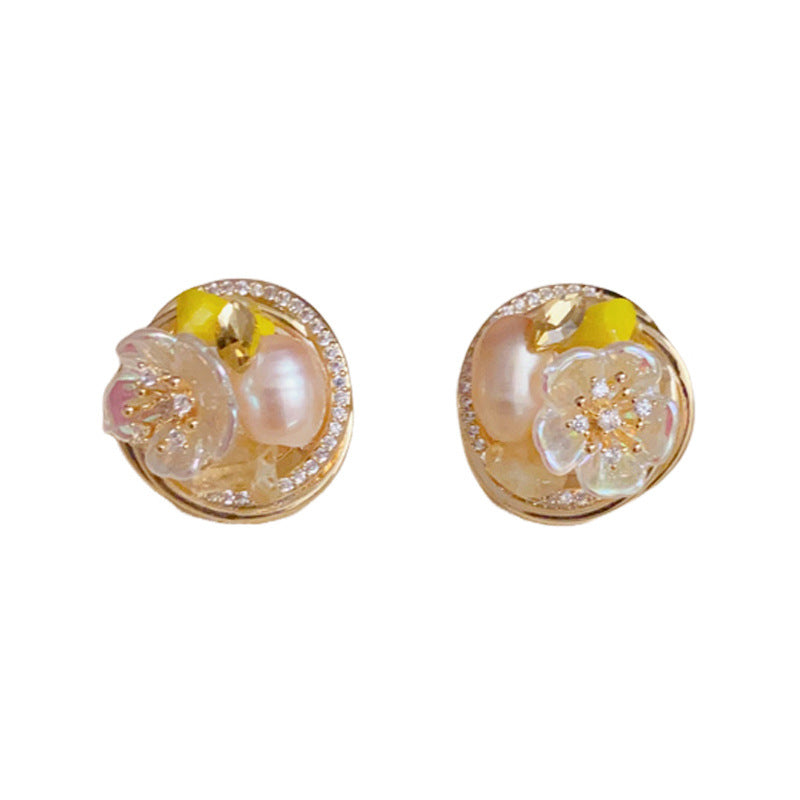 14K Gold Freshwater Pearl Floral Hoop Stud Earrings – Elegant Design