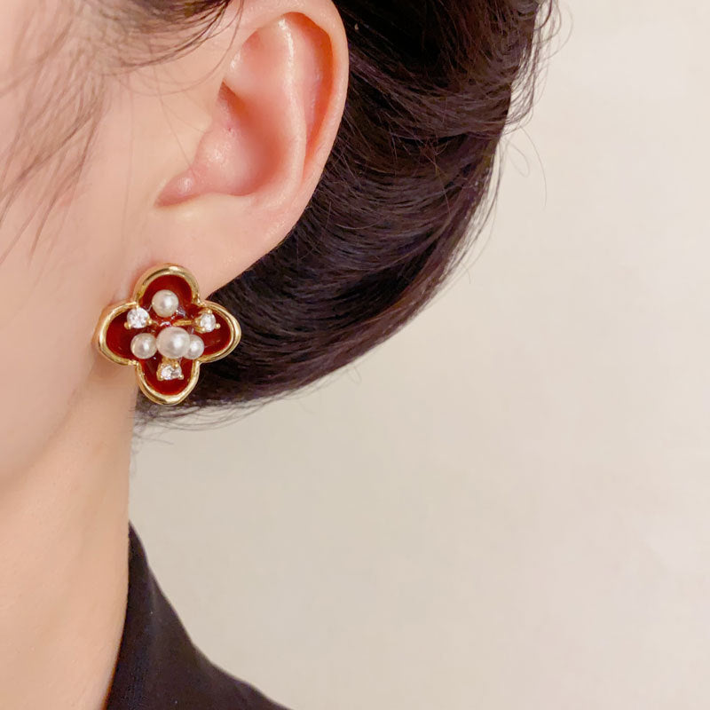 Elegant Red Enamel Pearl Petal Stud Earrings – Floral Design