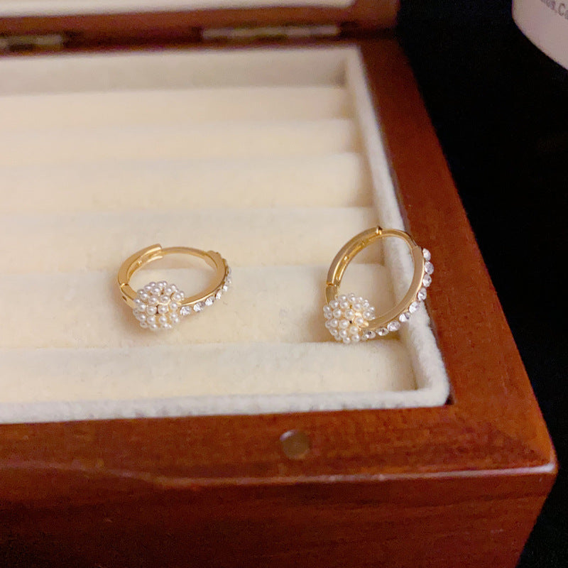 14K Gold-Plated Diamond Pearl Ball Earrings Elegant Minimalist Design