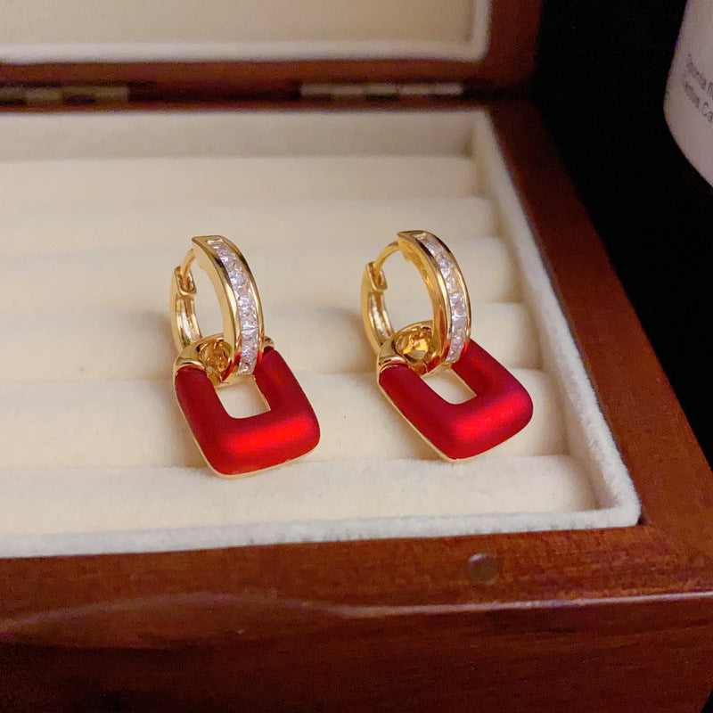 14K Gold-Plated Red Geometric Dual-Wear Earrings - Chic & Versatile