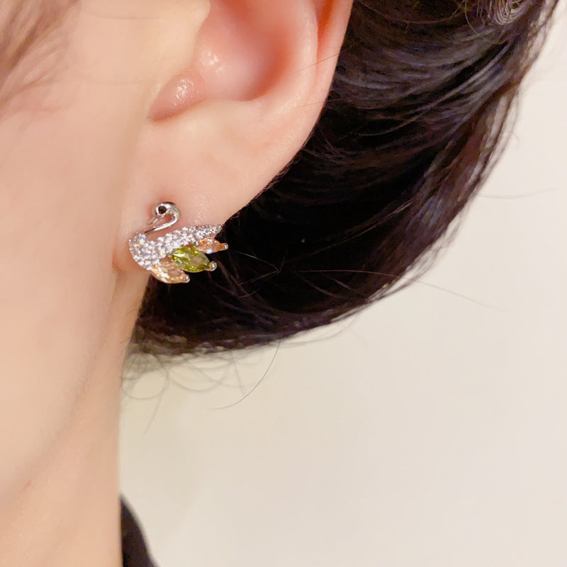 14K Gold Colorful Crystal Swan Stud Earrings – Dainty Animal Design