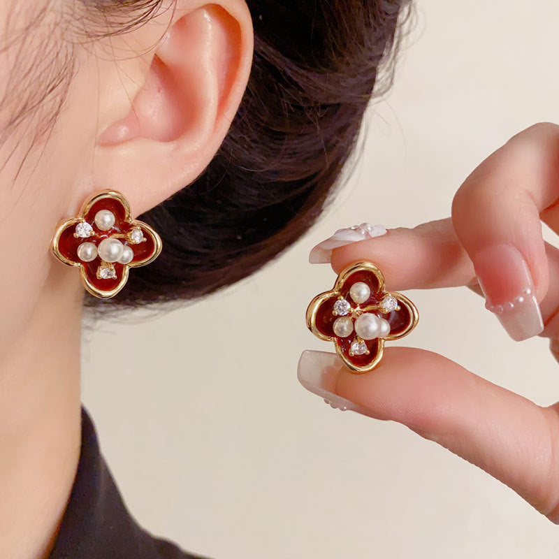 Elegant Red Enamel Pearl Petal Stud Earrings – Floral Design