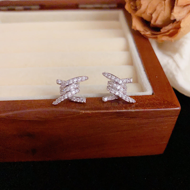 Luxury Full-Zircon Winding Camellia Stud Earrings – Geometric Design