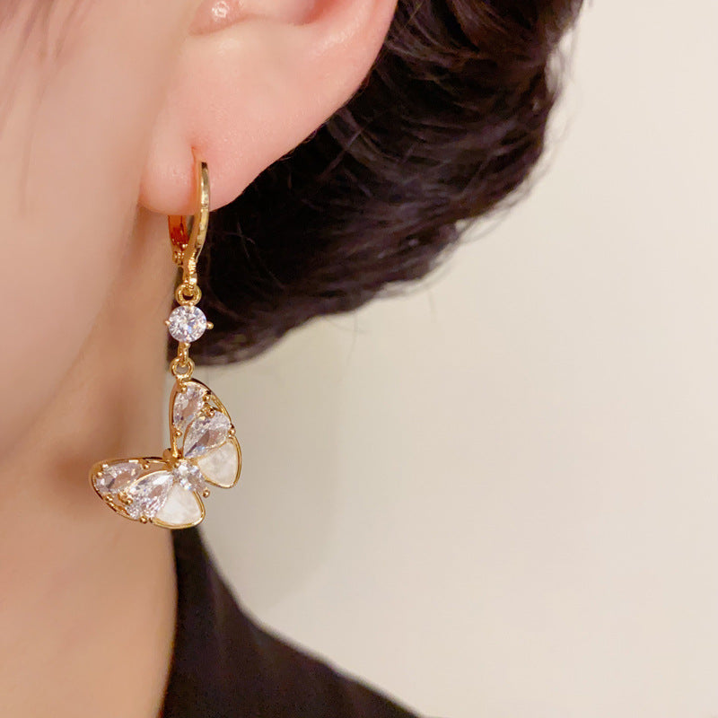 14K Gold-Plated Zircon Butterfly Tassel Earrings – Elegant Design