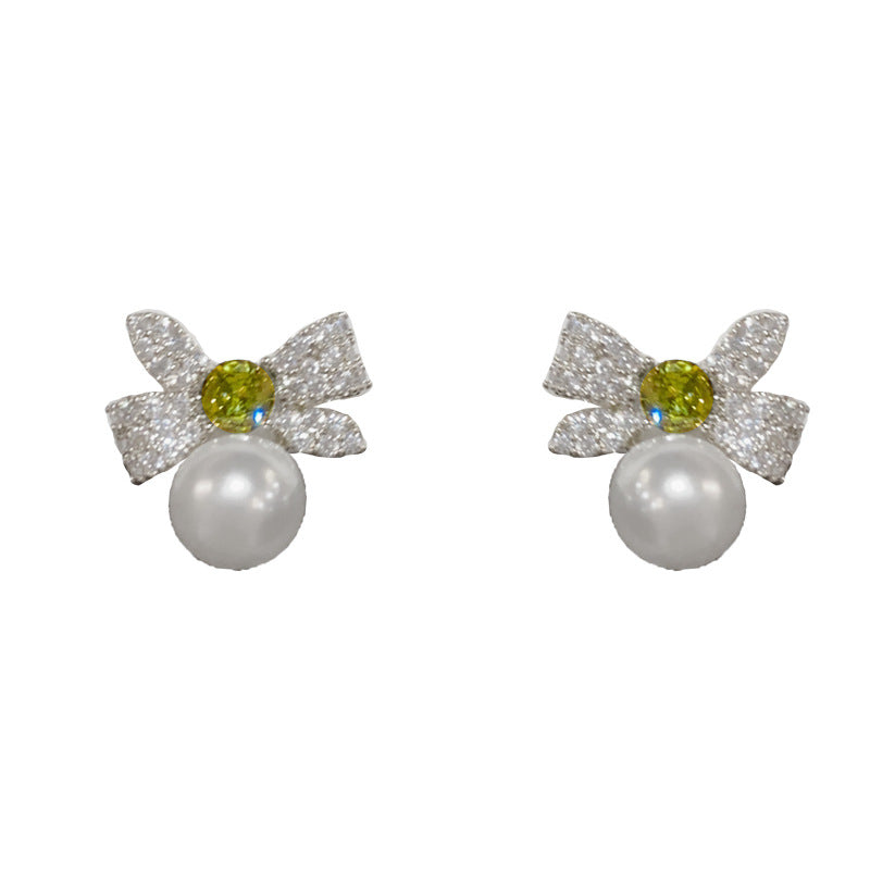14K Gold-Plated Zircon Butterfly Knot Pearl Earrings - Elegant Design
