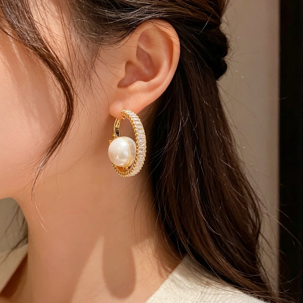 Eaioncol Full CZ Pearl Circle Hoop Earrings 14K Gold & Silver Plated