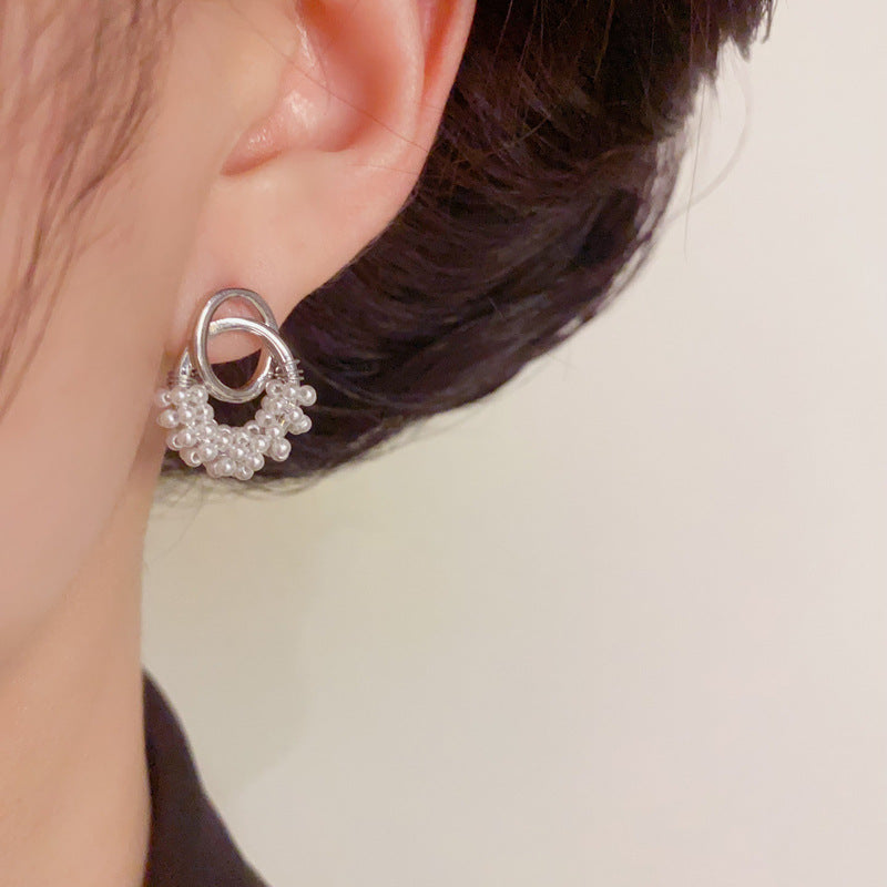 French vintage Pearl Geometric Stud Earrings – Silver Needle Design