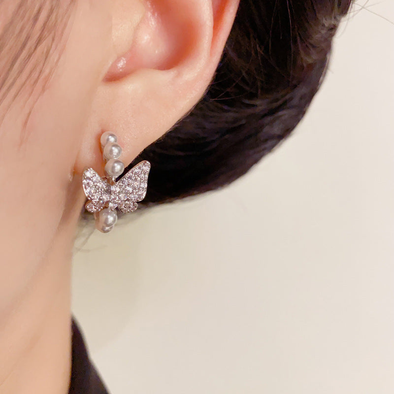 Luxury Zircon Butterfly & Pearl C-Shaped Hoop Earrings– Elegant Design