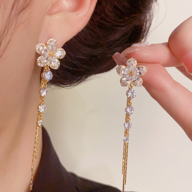 Luxury Zircon Flower Long Tassel Drop Gold Earrings – Floral Design