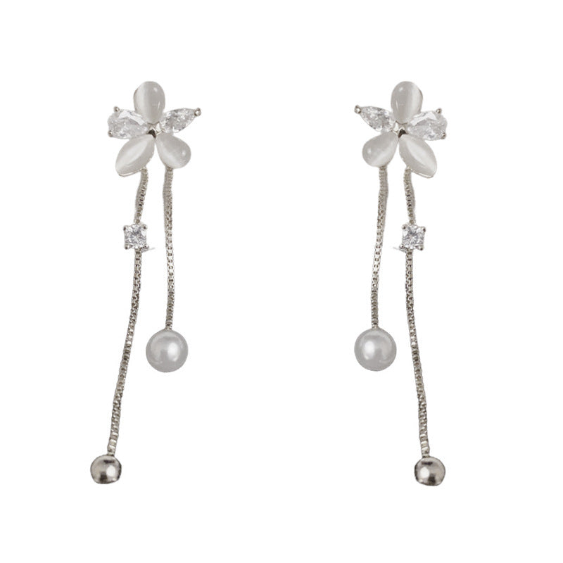Zircon Flower & Pearl Tassel Drop Flower Earrings – Elegant Design