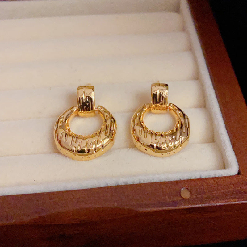 14K Gold-Plated Textured Metal Circle Drop Earrings - Elegant Design