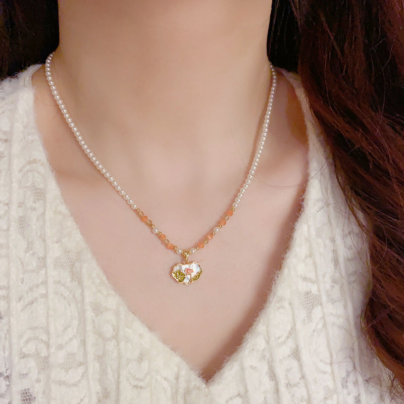 14K Gold-Plated Lotus Pendant Pearl Necklace – Elegant Design