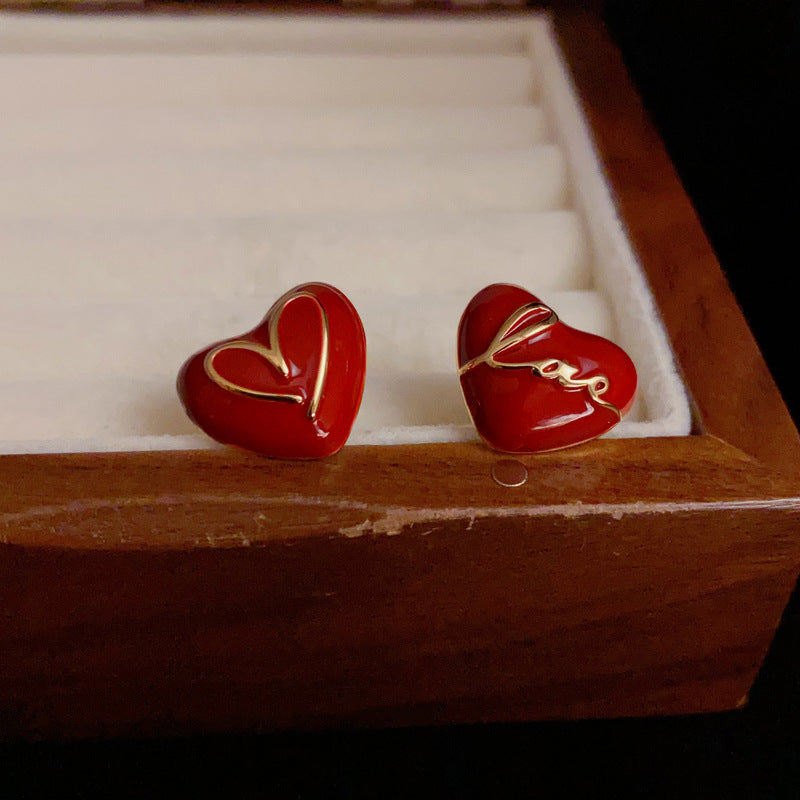 Elegant Red Letter Asymmetric Heart Stud Earrings – Geometric Design