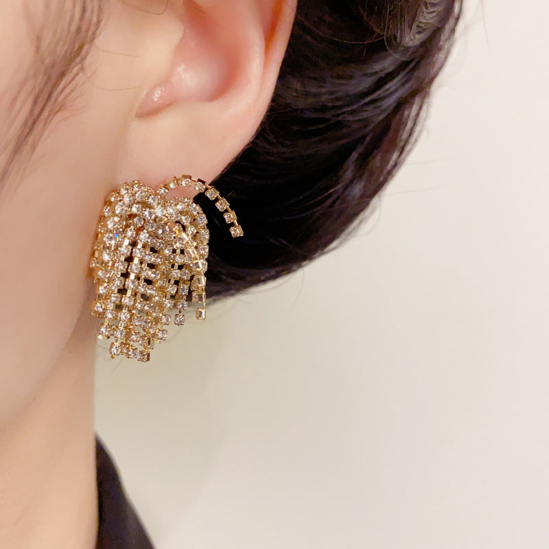 14K Gold Full Rhinestone Tassel Earrings – Glamorous Sparkle Design