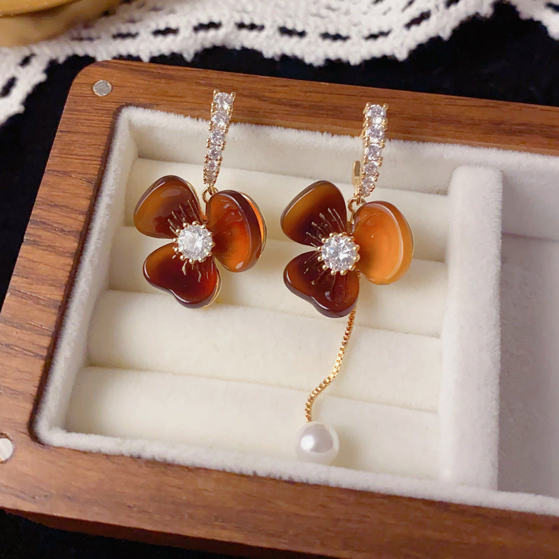 Luxury Asymmetric Resin Petal Tassel Drop Earrings – Floral Design