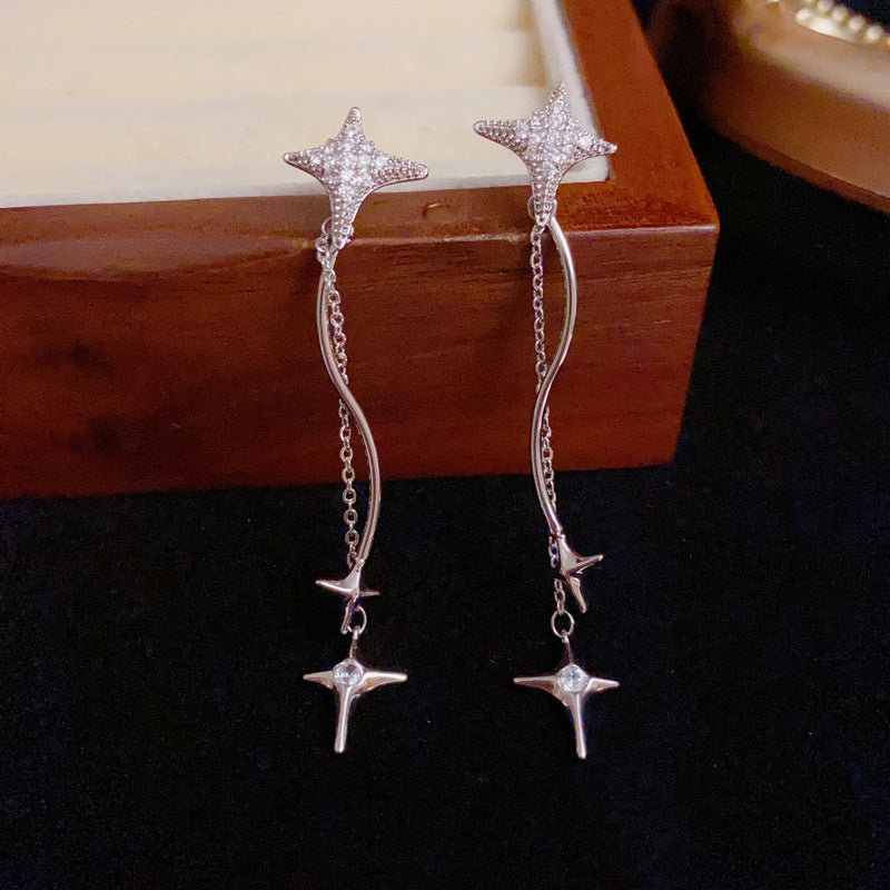 Luxury Full-Zircon Star Long Tassel Drop Earrings – S925 Silver Needle