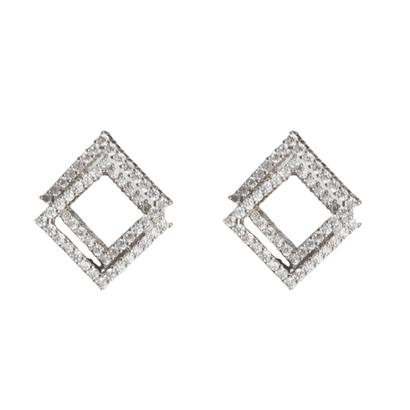 Zircon Double-Layer Diamond-Shaped Stud Earrings – Geometric Design