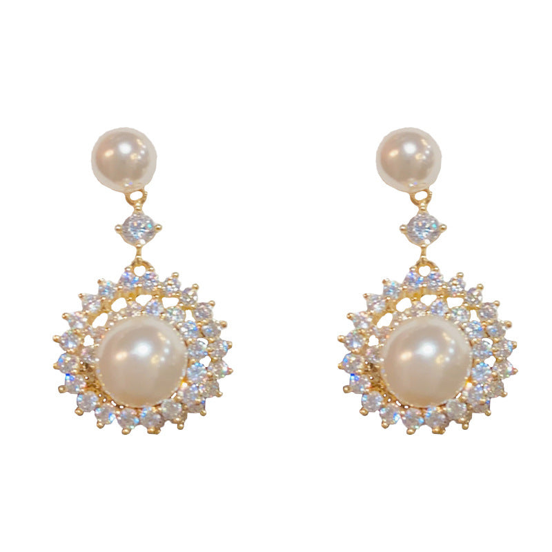 14K Gold Zircon Pearl Sunflower Drop Earrings - Chic Elegance Design