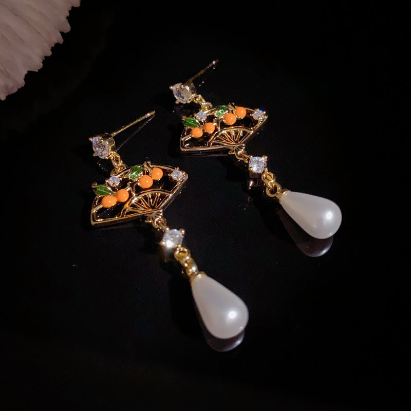 Enamel Persimmon Fan Teardrop Pearl Drop Earrings – Elegant Design